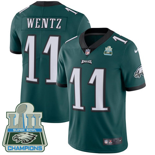 Nike Eagles #11 Carson Wentz Midnight Green Team Color Super Bowl LII Champions Youth Stitched NFL Vapor Untouchable Limited Jersey - Click Image to Close